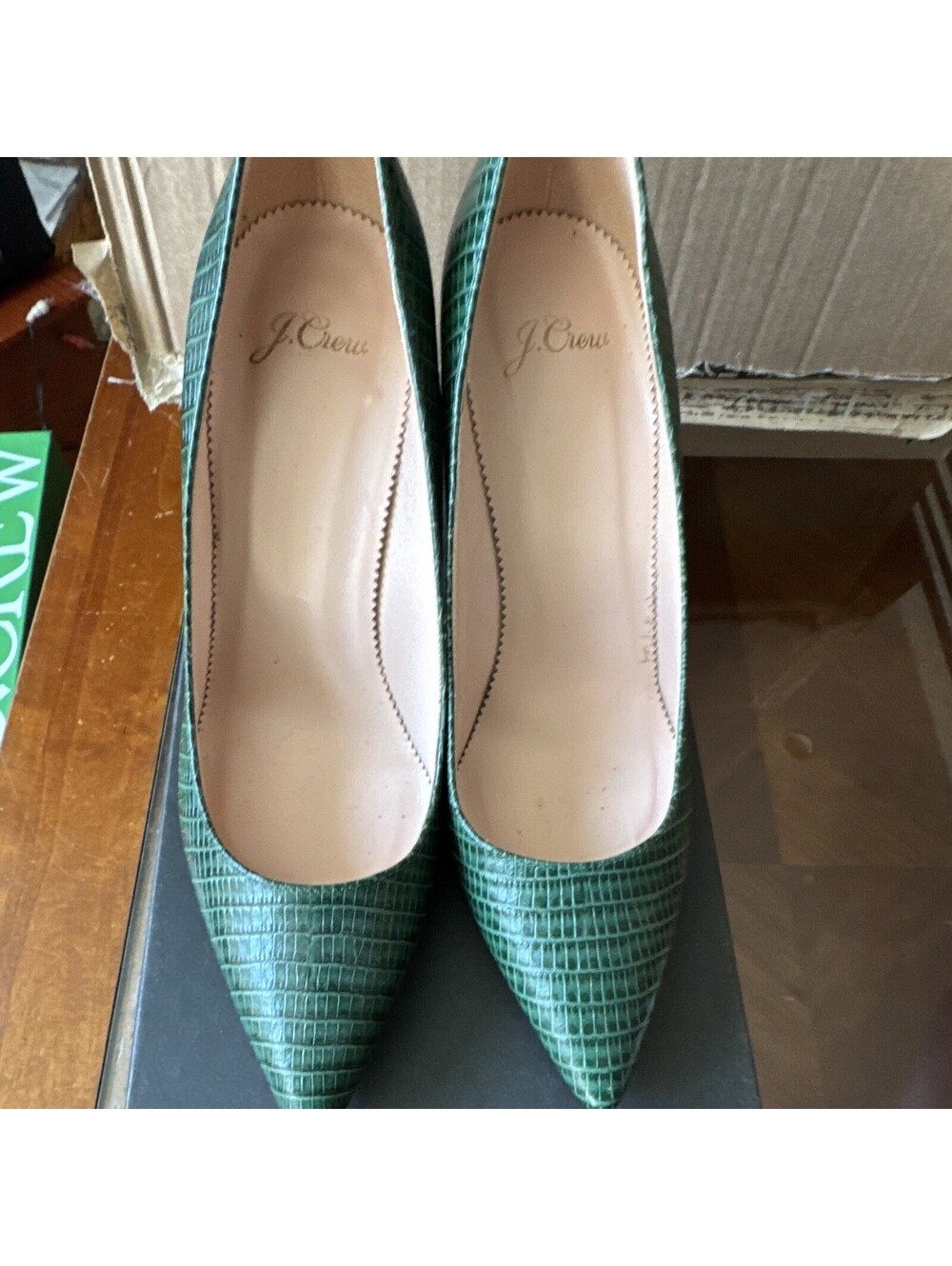 J.Crew Green Lizard-Embossed Leather Pump Heels Pointed Toe Stiletto 9 M
